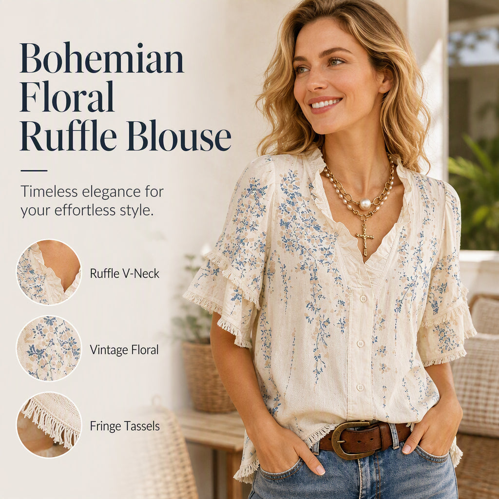 🎉 2026 Hot Sale —50%OFF!🌸 Women's Floral Print Ruffled V‑Neck Top