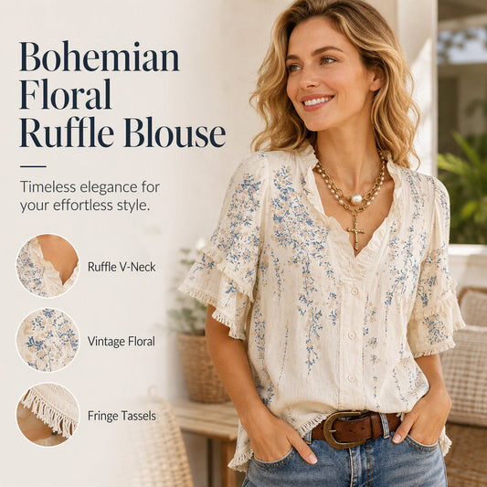 🥳2026 HOT SALE FREE SHIPPING🥳💞 Women's Floral Print Ruffled V-Neck Top