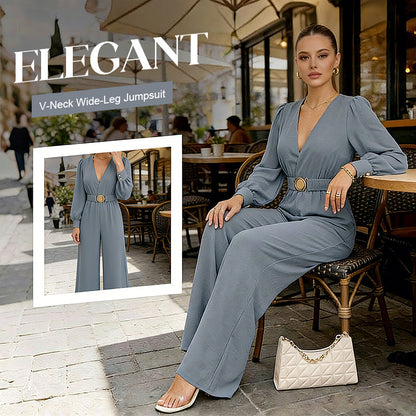 ⌛Limited-Time Discount !☀️New Arrivals - V-Neck Belted Jumpsuit with Flowing Wide-Leg