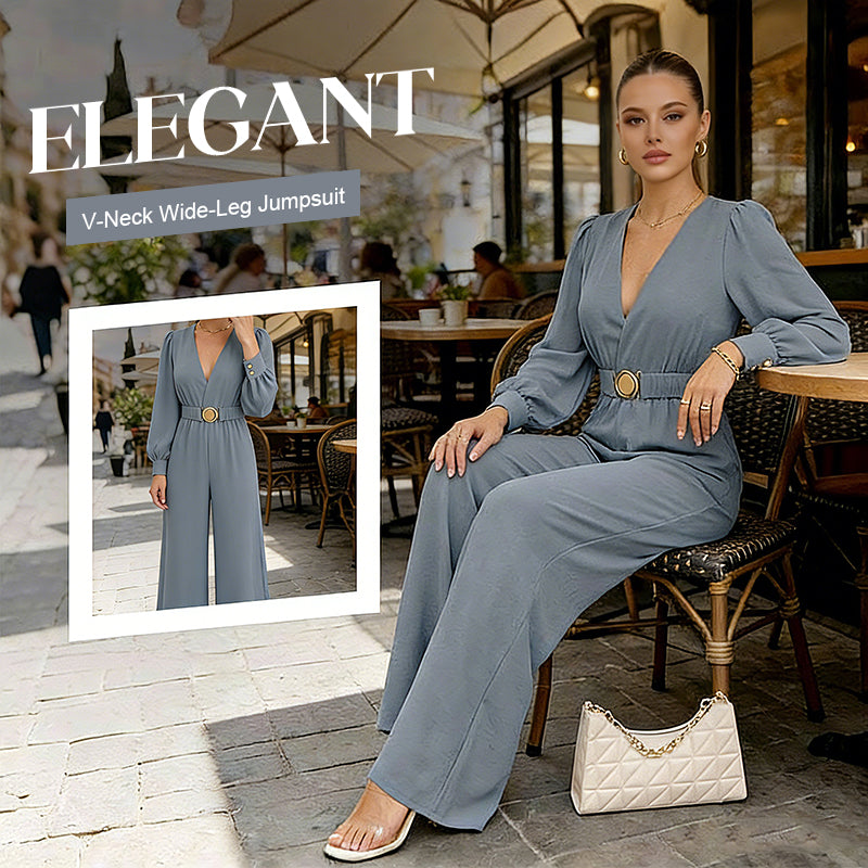 ⏰️ Limited-Time Discount !☀️New Arrivals - V-Neck Belted Jumpsuit with Flowing Wide-Leg