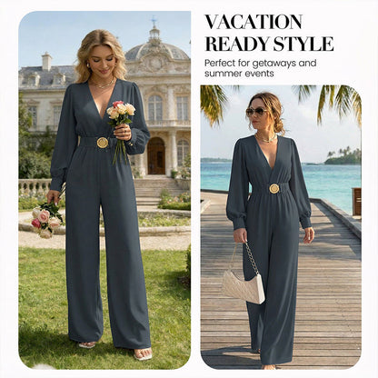 ⌛Limited-Time Discount !☀️New Arrivals - V-Neck Belted Jumpsuit with Flowing Wide-Leg