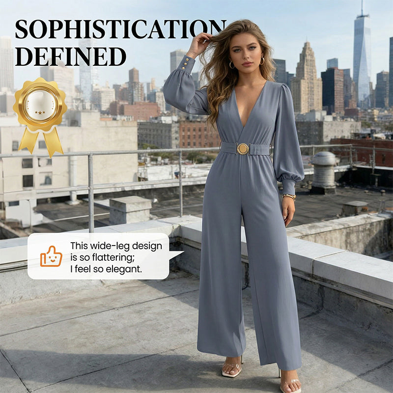⌛Limited-Time Discount !☀️New Arrivals - V-Neck Belted Jumpsuit with Flowing Wide-Leg