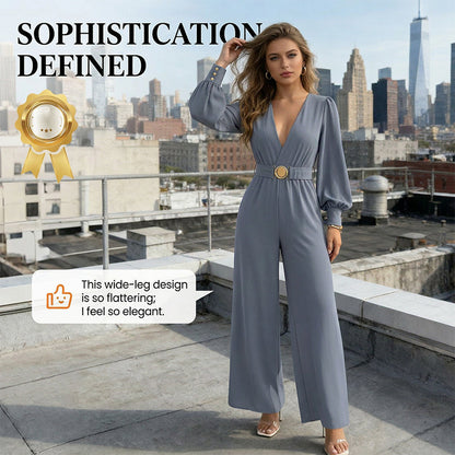 ⌛Limited-Time Discount !☀️New Arrivals - V-Neck Belted Jumpsuit with Flowing Wide-Leg