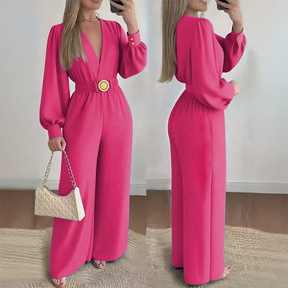 ⏰️ Limited-Time Discount !☀️New Arrivals - V-Neck Belted Jumpsuit with Flowing Wide-Leg