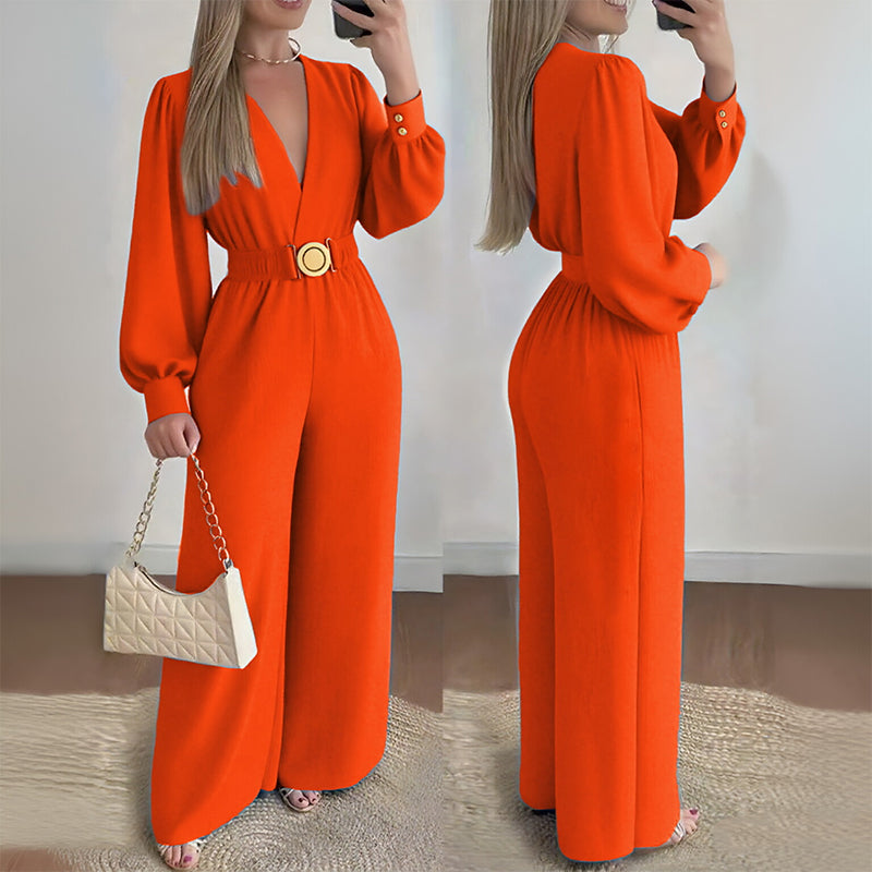 ⌛Limited-Time Discount !☀️New Arrivals - V-Neck Belted Jumpsuit with Flowing Wide-Leg