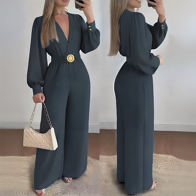 ⌛Limited-Time Discount !☀️New Arrivals - V-Neck Belted Jumpsuit with Flowing Wide-Leg
