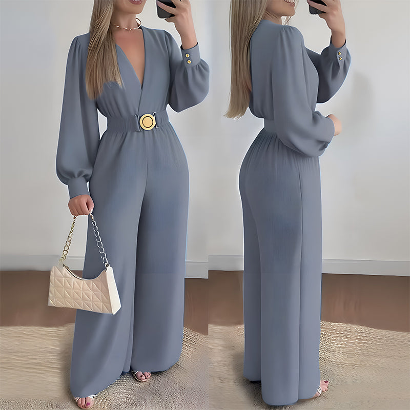 ⌛Limited-Time Discount !☀️New Arrivals - V-Neck Belted Jumpsuit with Flowing Wide-Leg