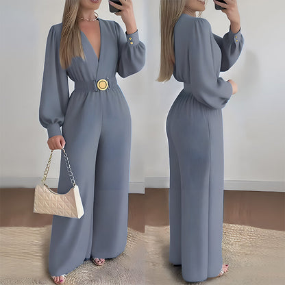 ⌛Limited-Time Discount !☀️New Arrivals - V-Neck Belted Jumpsuit with Flowing Wide-Leg