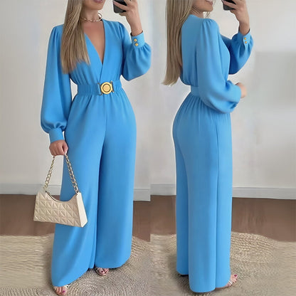 ⌛Limited-Time Discount !☀️New Arrivals - V-Neck Belted Jumpsuit with Flowing Wide-Leg