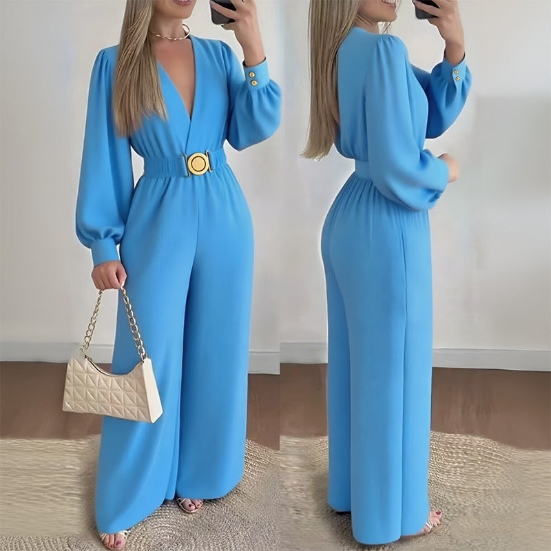 ⏰️ Limited-Time Discount !☀️New Arrivals - V-Neck Belted Jumpsuit with Flowing Wide-Leg