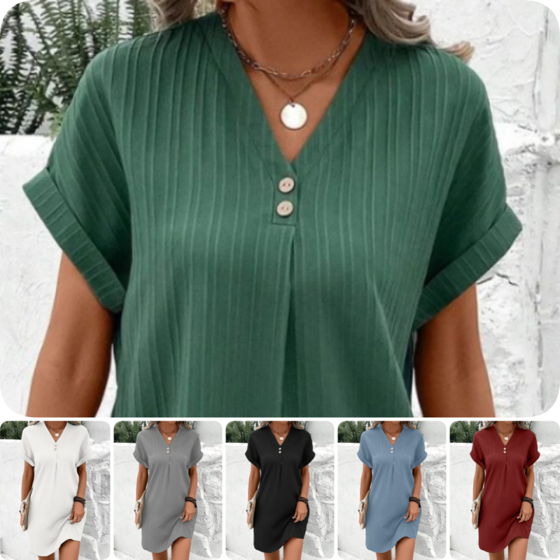 📢📢2026 HOT SALE !!🔥Simple Solid Color V-Neck Short Sleeve Dress for Women
