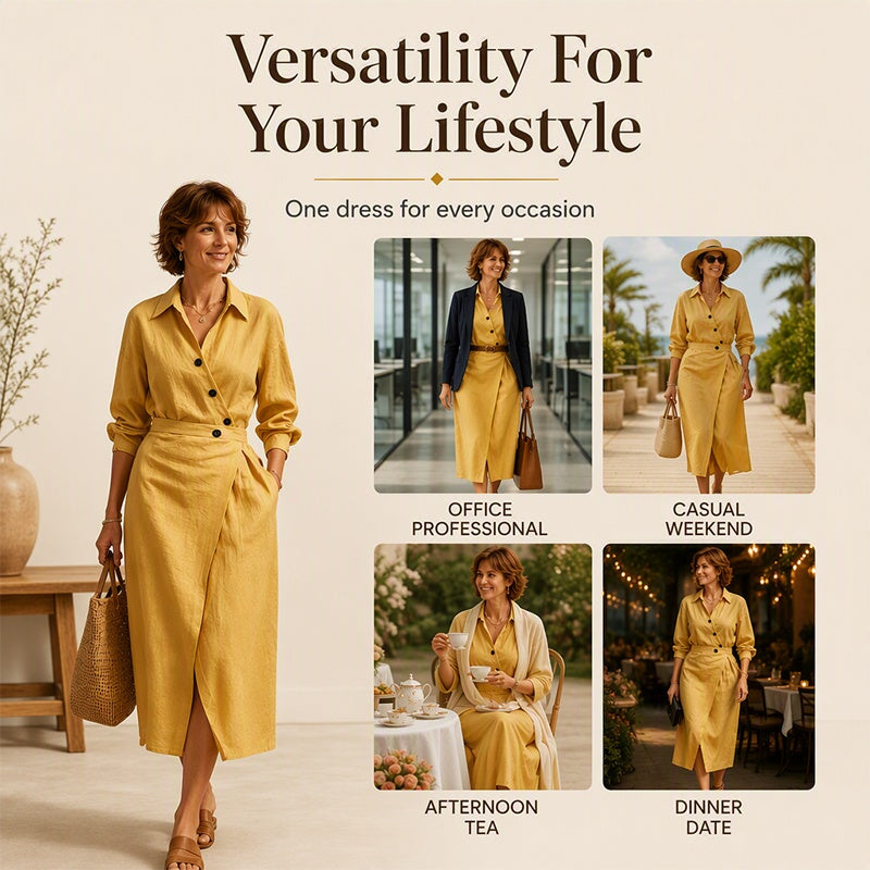 🛍️2026 New Arrival👗Women's Lapel Wrap Midi Shirt Dress with Pockets