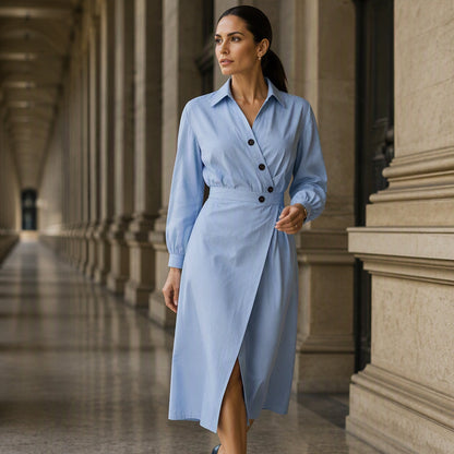🛍️2026 New Arrival👗Women's Lapel Wrap Midi Shirt Dress with Pockets