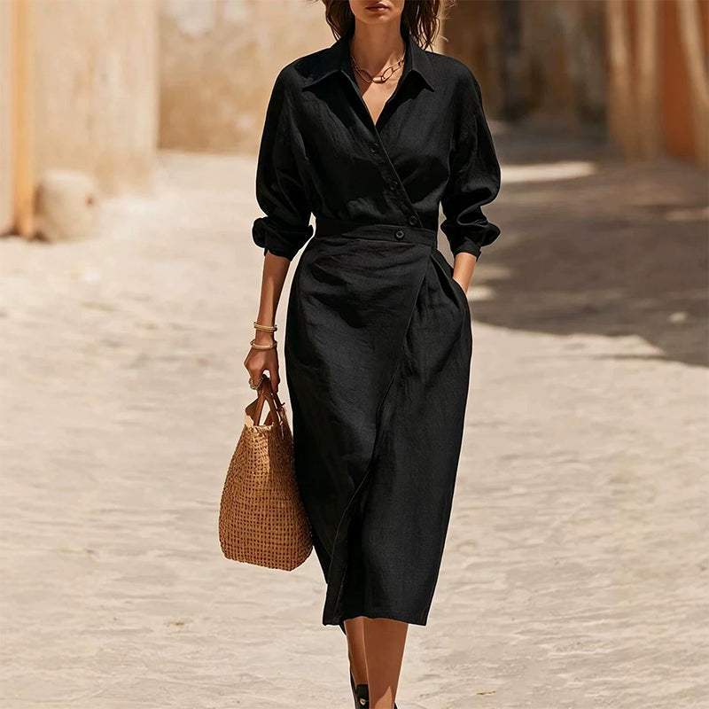 🛍️2026 New Arrival👗Women's Lapel Wrap Midi Shirt Dress with Pockets