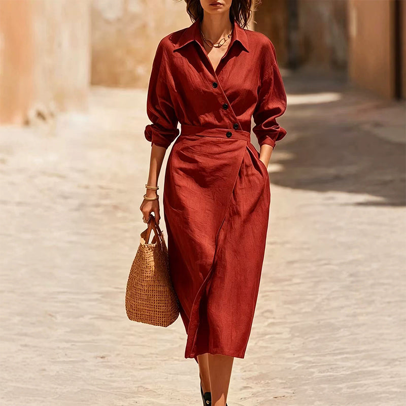 🛍️2026 New Arrival👗Women's Lapel Wrap Midi Shirt Dress with Pockets