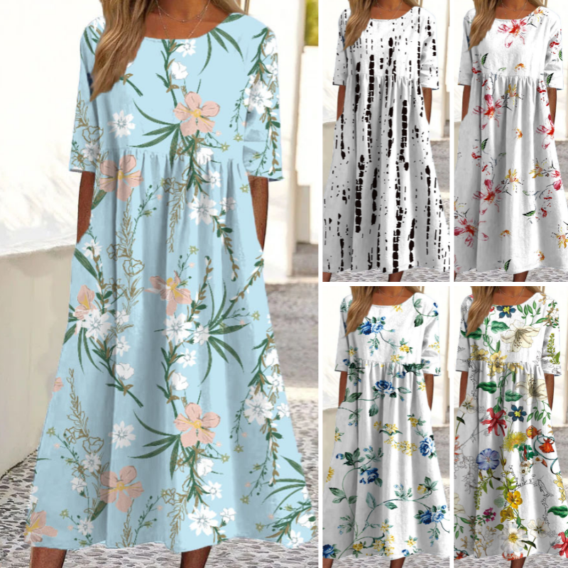 🎉 2026 Sale — Over 30,000 Sold! 💞 Women’s Elegant Floral Print Round-Neck Long Dress