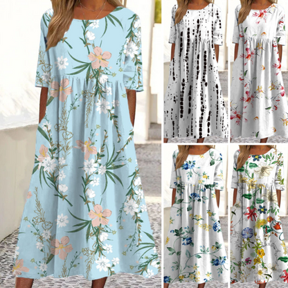 🎉 2026 Sale — Over 30,000 Sold! 💞 Women’s Elegant Floral Print Round-Neck Long Dress
