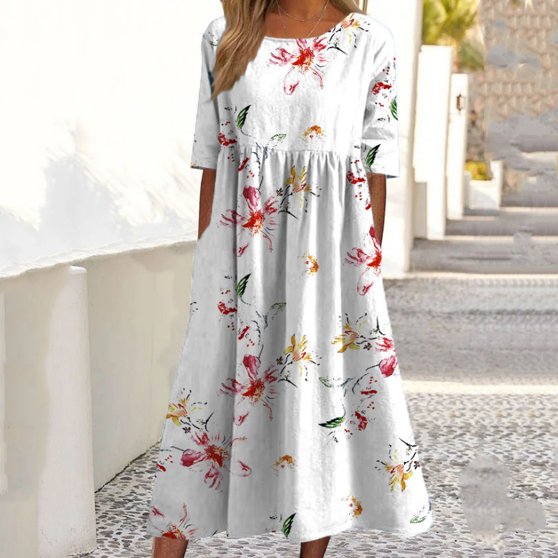 🎉 2026 Sale — Over 30,000 Sold! 💞 Women’s Elegant Floral Print Round-Neck Long Dress