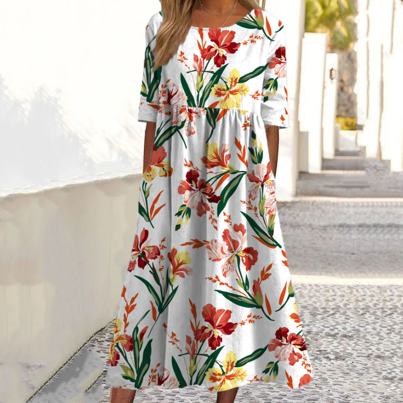 🎉 2026 Sale — Over 30,000 Sold! 💞 Women’s Elegant Floral Print Round-Neck Long Dress
