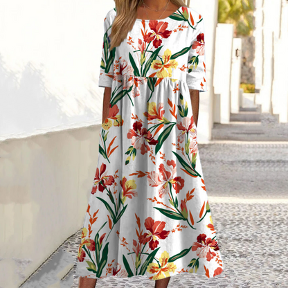 🎉 2026 Sale — Over 30,000 Sold! 💞 Women’s Elegant Floral Print Round-Neck Long Dress