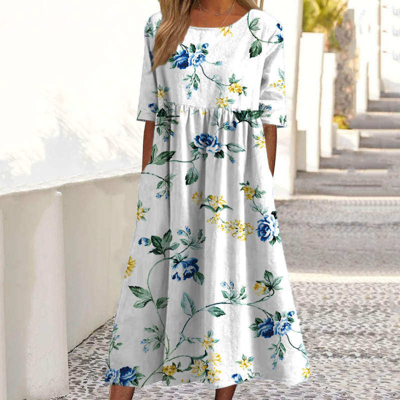 🎉 2026 Sale — Over 30,000 Sold! 💞 Women’s Elegant Floral Print Round-Neck Long Dress