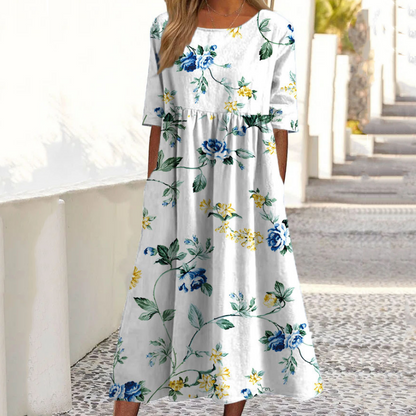 🎉 2026 Sale — Over 30,000 Sold! 💞 Women’s Elegant Floral Print Round-Neck Long Dress