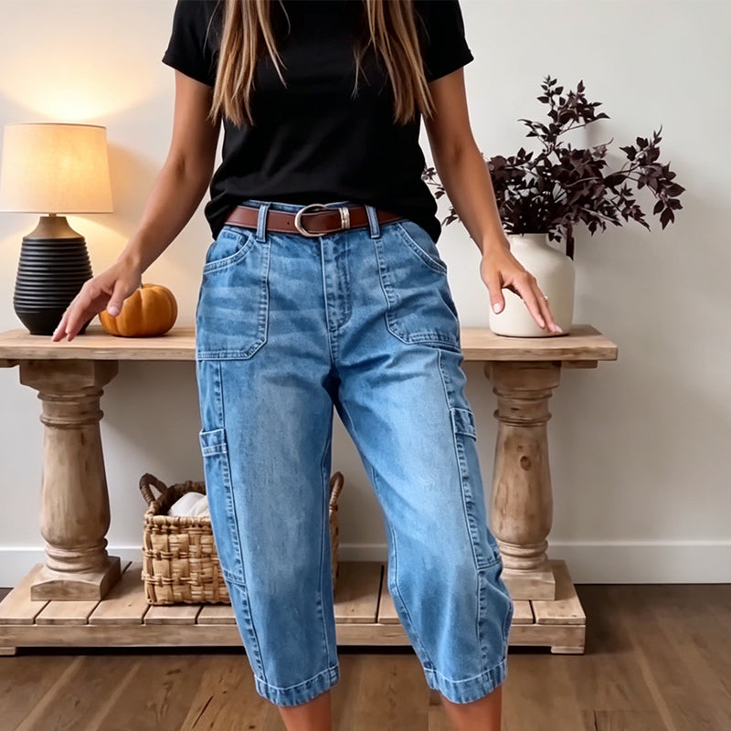 👖 LIMITED-TIME 35% OFF! ✨ Women's Casual Stretchy Cropped Denim Pants – Barrel Fit, Mid-Waist, Multi-Pockets 🌿