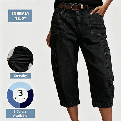 👖 LIMITED-TIME 35% OFF! ✨ Women's Casual Stretchy Cropped Denim Pants – Barrel Fit, Mid-Waist, Multi-Pockets 🌿