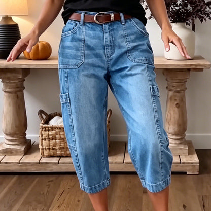 👖 LIMITED-TIME 35% OFF! ✨ Women's Casual Stretchy Cropped Denim Pants – Barrel Fit, Mid-Waist, Multi-Pockets 🌿