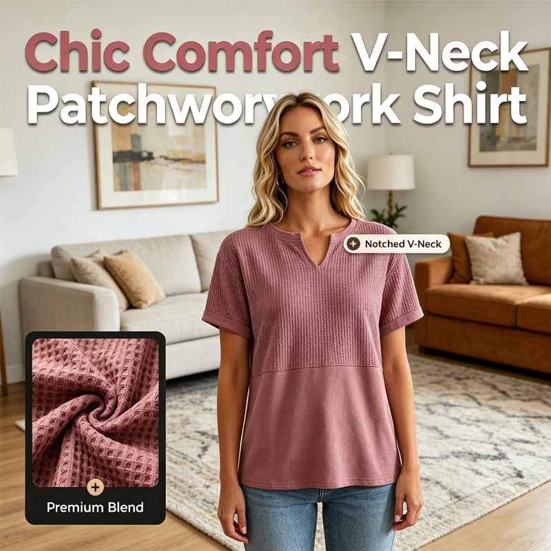 📢📢2026 HOT SALE !!🔥Women's Casual V-neck Patchwork Short-Sleeved Shirt