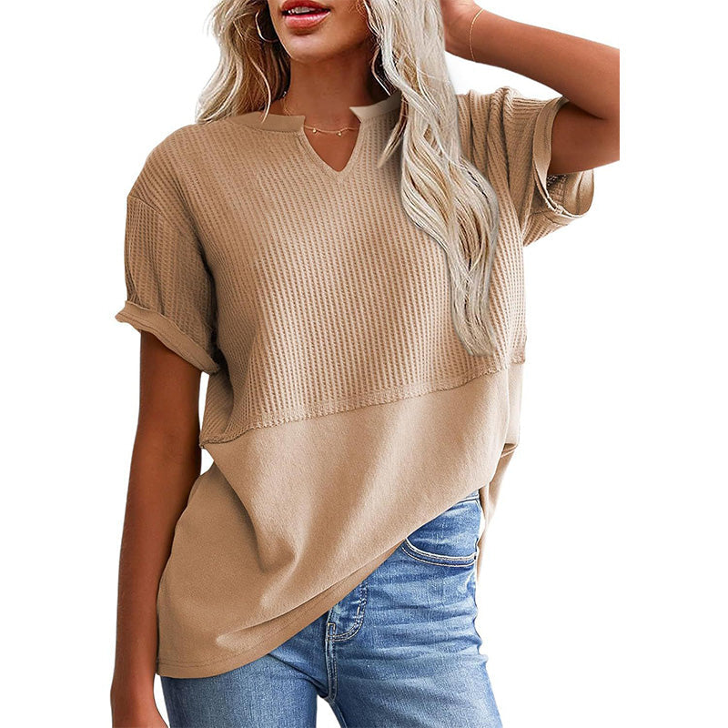 📢📢2026 HOT SALE !!🔥Women's Casual V-neck Patchwork Short-Sleeved Shirt