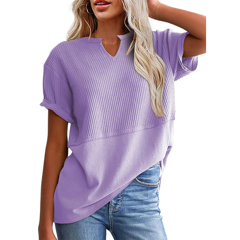 📢📢2026 HOT SALE !!🔥Women's Casual V-neck Patchwork Short-Sleeved Shirt