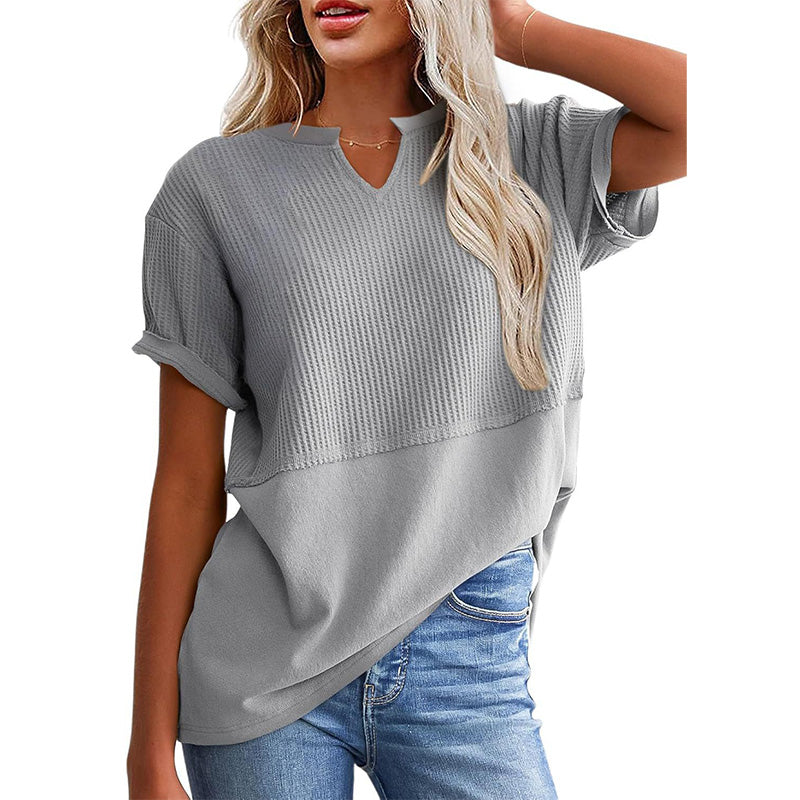 📢📢2026 HOT SALE !!🔥Women's Casual V-neck Patchwork Short-Sleeved Shirt
