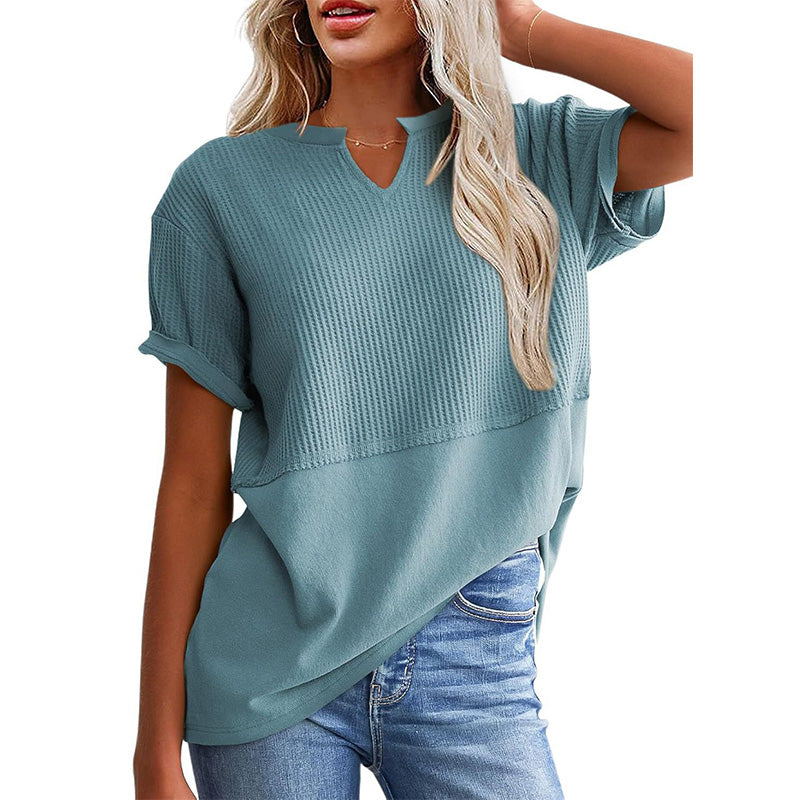 📢📢2026 HOT SALE !!🔥Women's Casual V-neck Patchwork Short-Sleeved Shirt