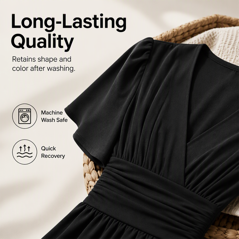 ✨ Women's Deep V-Neck Ruffle Sleeve Dress🖤 Classic Black Dress For Elegant Everyday Looks