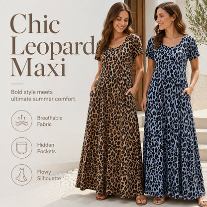 🥳2026 HOT SALE 50% Off🥳💞Women's Leopard Print Maxi Dress with Pockets Casual Short Sleeve Long Dress