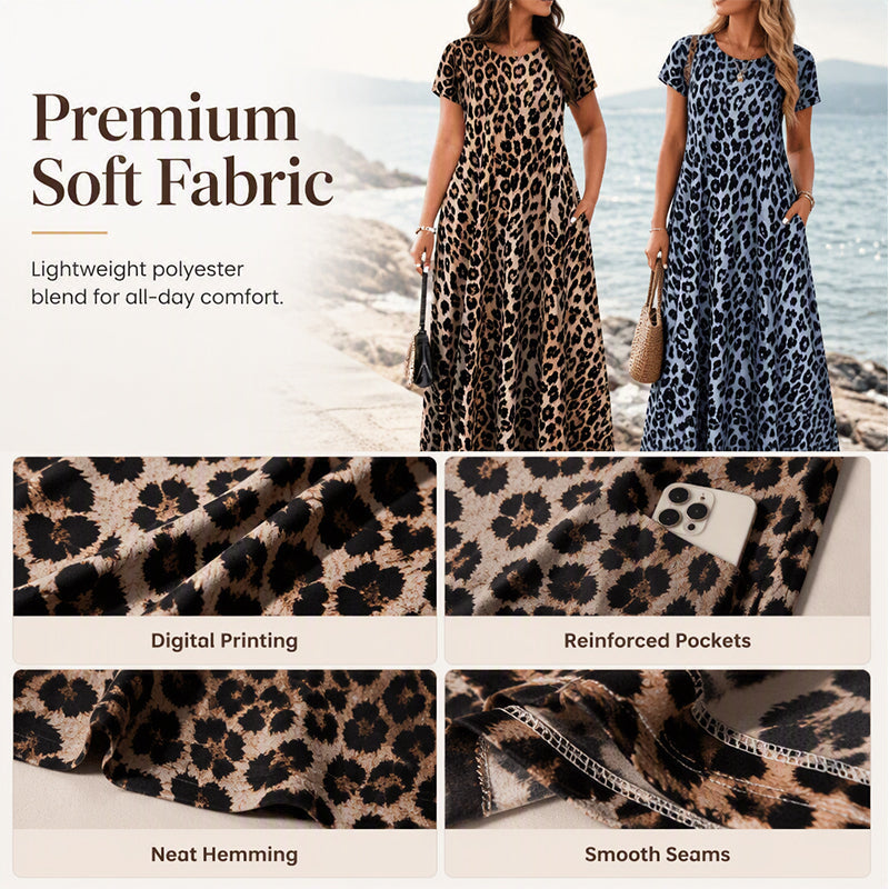 🥳2026 HOT SALE 50% Off🥳💞Women's Leopard Print Maxi Dress with Pockets Casual Short Sleeve Long Dress
