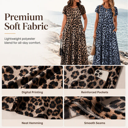 🥳2026 HOT SALE 50% Off🥳💞Women's Leopard Print Maxi Dress with Pockets Casual Short Sleeve Long Dress