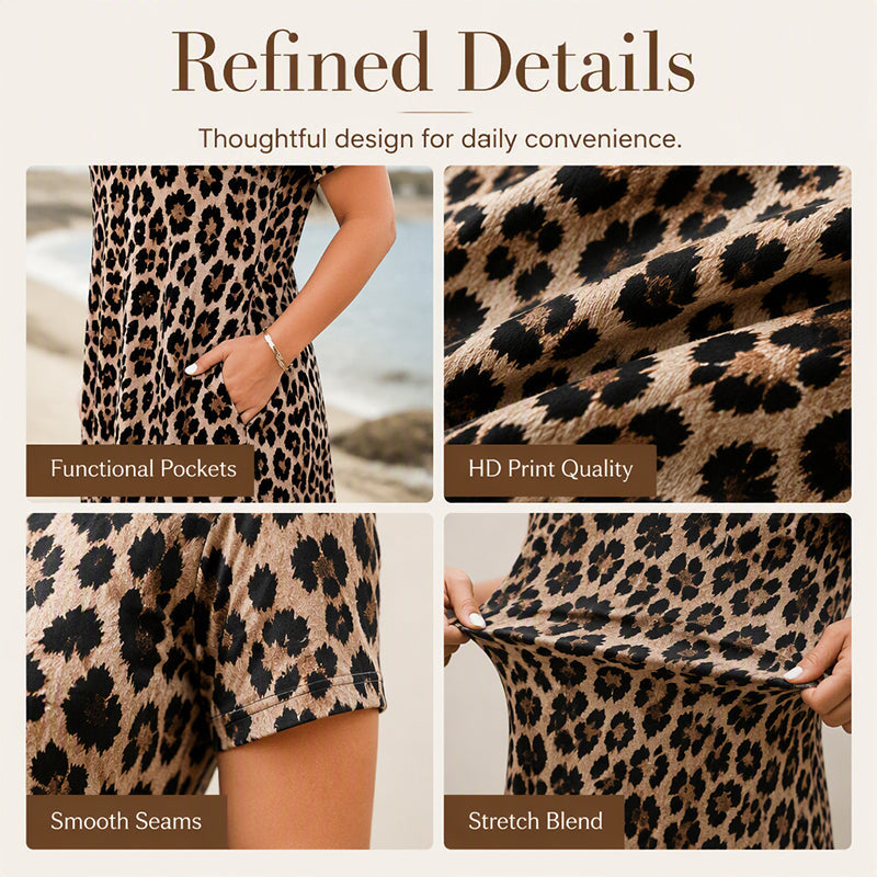 🥳2026 HOT SALE 50% Off🥳💞Women's Leopard Print Maxi Dress with Pockets Casual Short Sleeve Long Dress