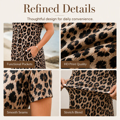 🥳2026 HOT SALE 50% Off🥳💞Women's Leopard Print Maxi Dress with Pockets Casual Short Sleeve Long Dress