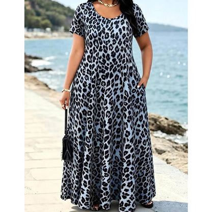 🥳2026 HOT SALE 50% Off🥳💞Women's Leopard Print Maxi Dress with Pockets Casual Short Sleeve Long Dress