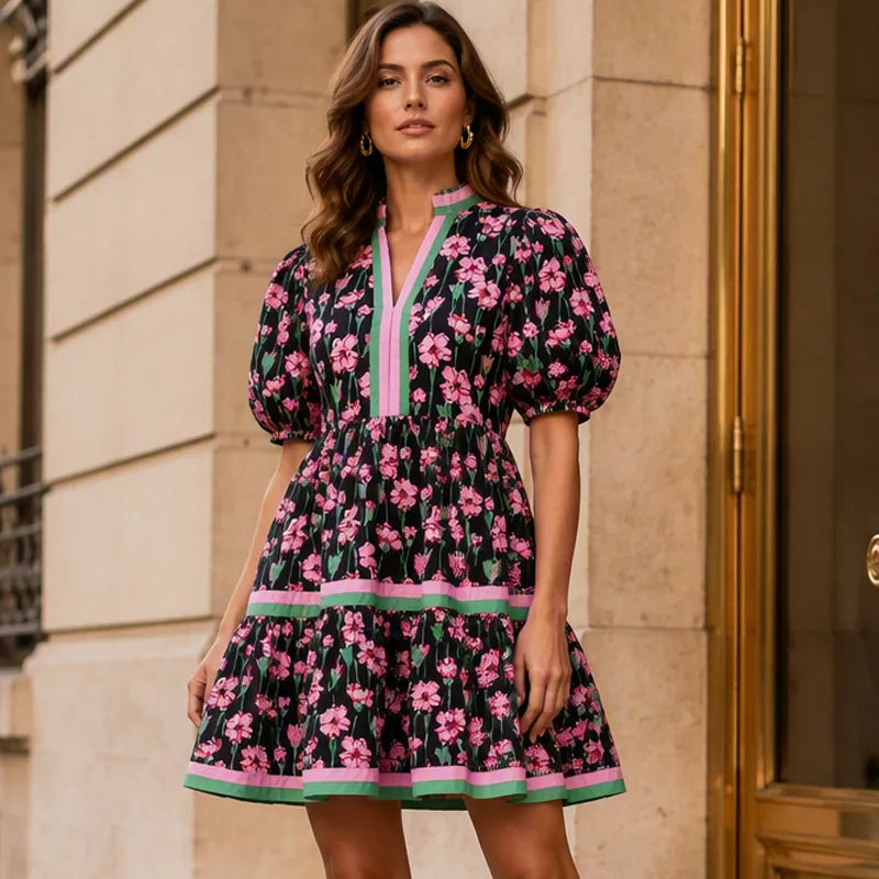 ⏰Summer Hot Sale 50% OFF💃Women's V Neck Floral Short Puff Sleeve Patchwork Casual Boho Mini Dress👍✨Soft Fabric & Comfortable Fit