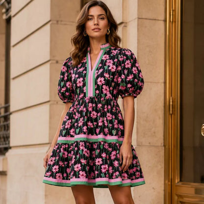 ⏰Summer Hot Sale 50% OFF💃Women's V Neck Floral Short Puff Sleeve Patchwork Casual Boho Mini Dress👍✨Soft Fabric & Comfortable Fit