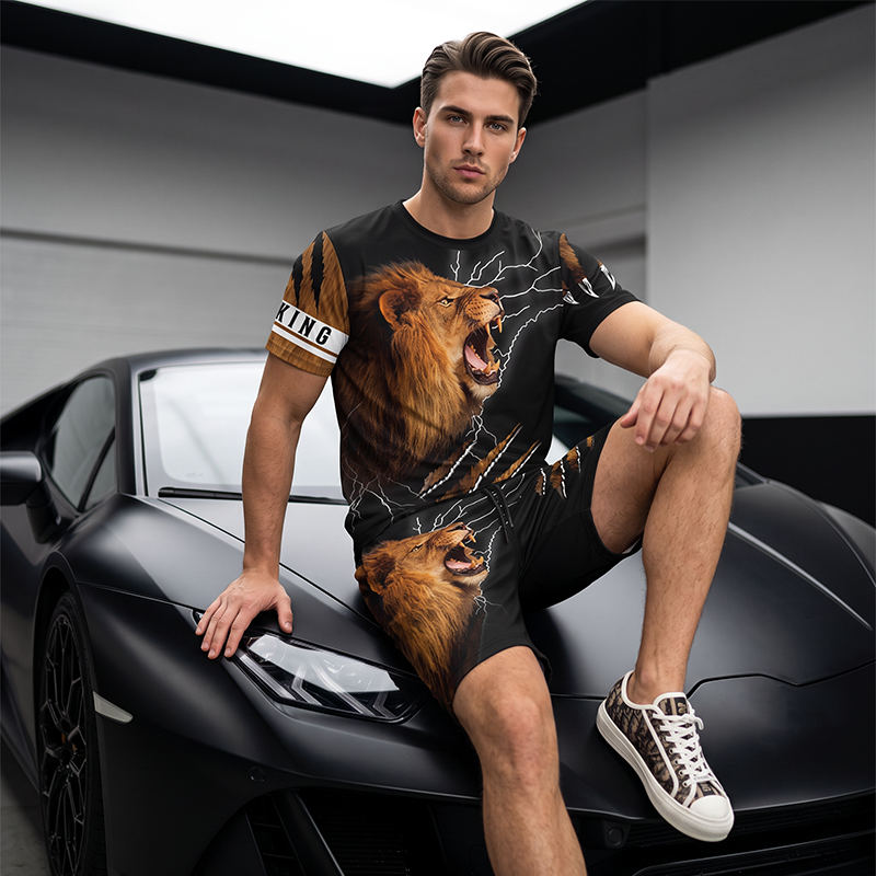 🔥 2026 Fresh Drops | Flat 50% OFF Today! 💸Men's Casual Animal Graphic T-Shirt and Shorts Set