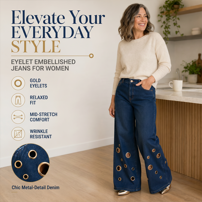 🔥 2026 Fresh Drops | Flat 50% OFF & FREE SHIPPING Today! 💸Women's Metal Eyelet Cutout Wide-Leg Jeans