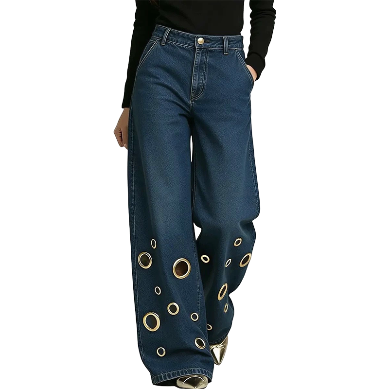 🔥 2026 Fresh Drops | Flat 50% OFF & FREE SHIPPING Today! 💸Women's Metal Eyelet Cutout Wide-Leg Jeans