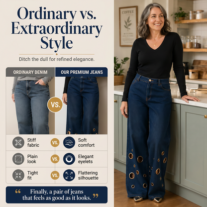 🔥 2026 Fresh Drops | Flat 50% OFF & FREE SHIPPING Today! 💸Women's Metal Eyelet Cutout Wide-Leg Jeans