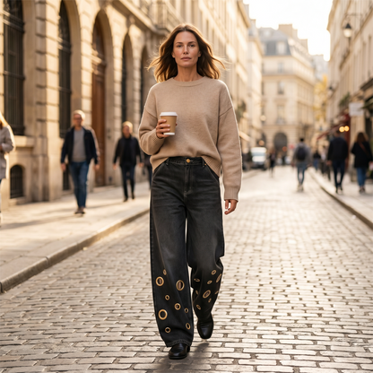 🔥 2026 Fresh Drops | Flat 50% OFF & FREE SHIPPING Today! 💸Women's Metal Eyelet Cutout Wide-Leg Jeans