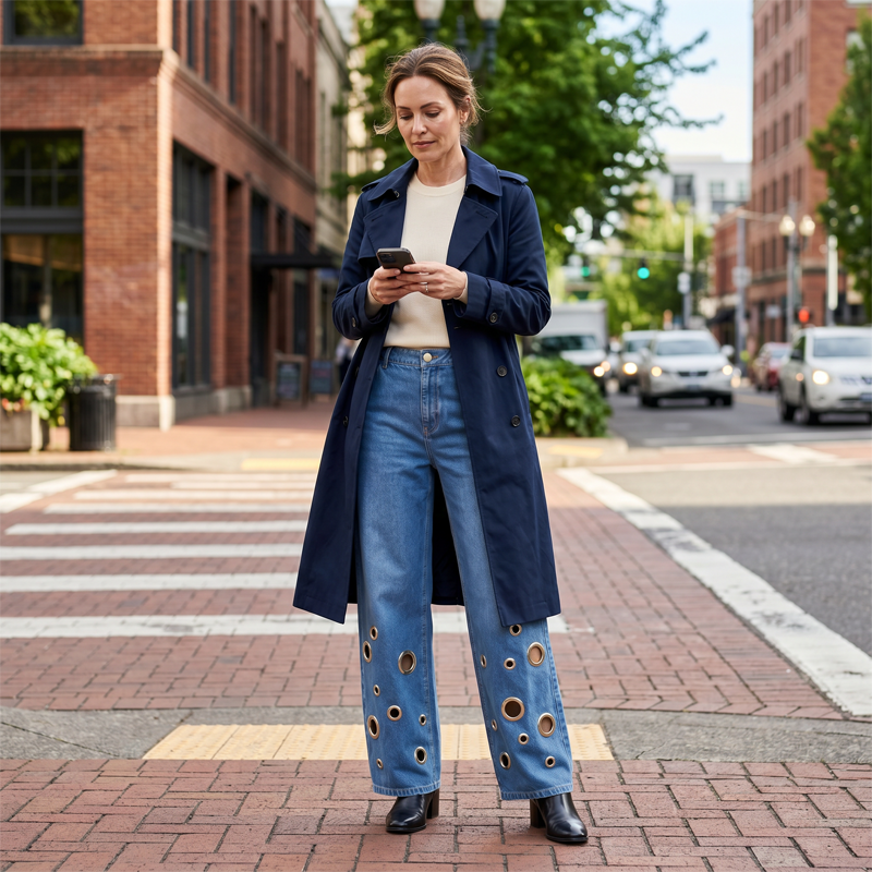 🔥 2026 Fresh Drops | Flat 50% OFF & FREE SHIPPING Today! 💸Women's Metal Eyelet Cutout Wide-Leg Jeans