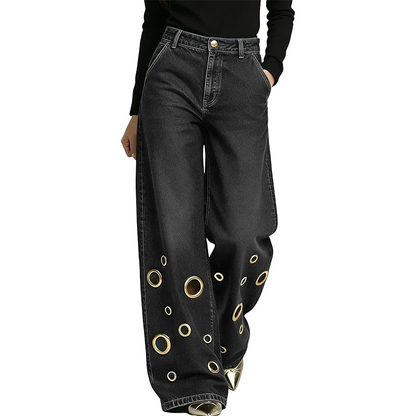 🔥 2026 Fresh Drops | Flat 50% OFF & FREE SHIPPING Today! 💸Women's Metal Eyelet Cutout Wide-Leg Jeans